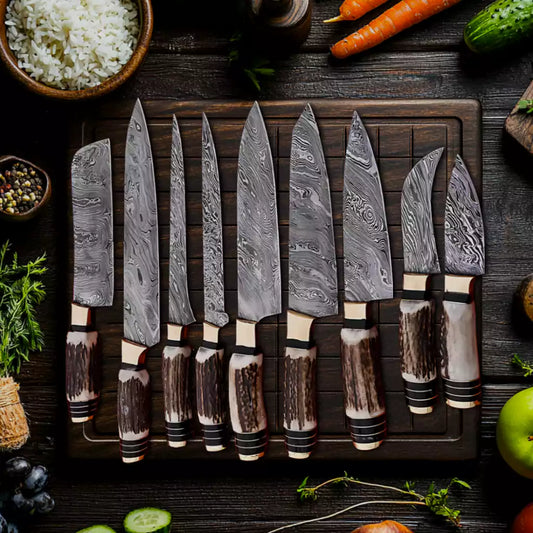Antler Handle 9Pcs Damascus Chef Knife Set